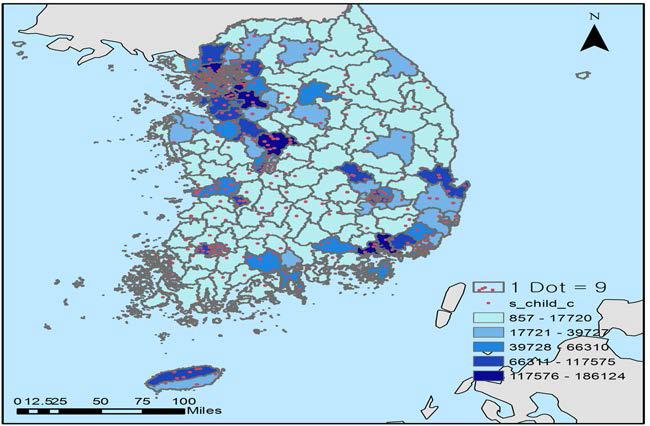 아동 인구수 및 아동 대상 사회복지서비스 시설수