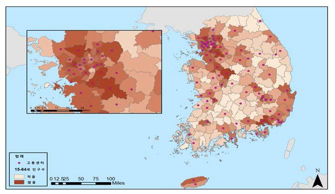 고용센터의 위치와 지역별 만 15〜64세 인구