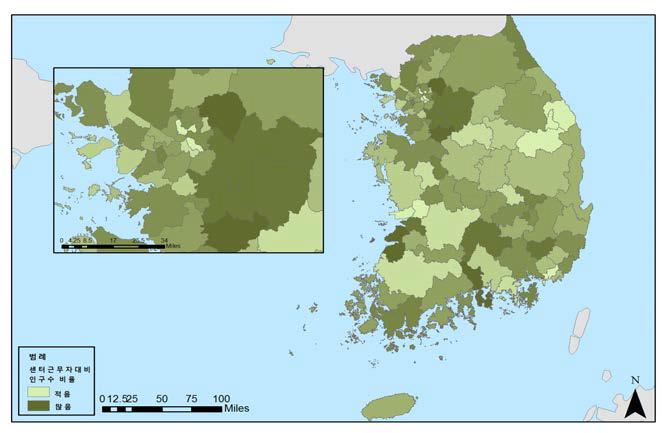 고용센터 근로자 1인당 근로가능연령대 인구수 지역분포