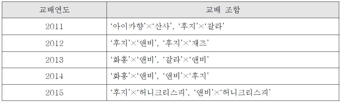 만생품종 개발을 위해 사용한 교배 조합