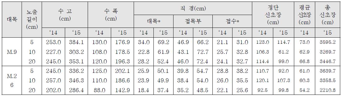 대목 종류 및 노출 정도에 따른 ‘썸머킹’의 생육 특성(‘14~’15)