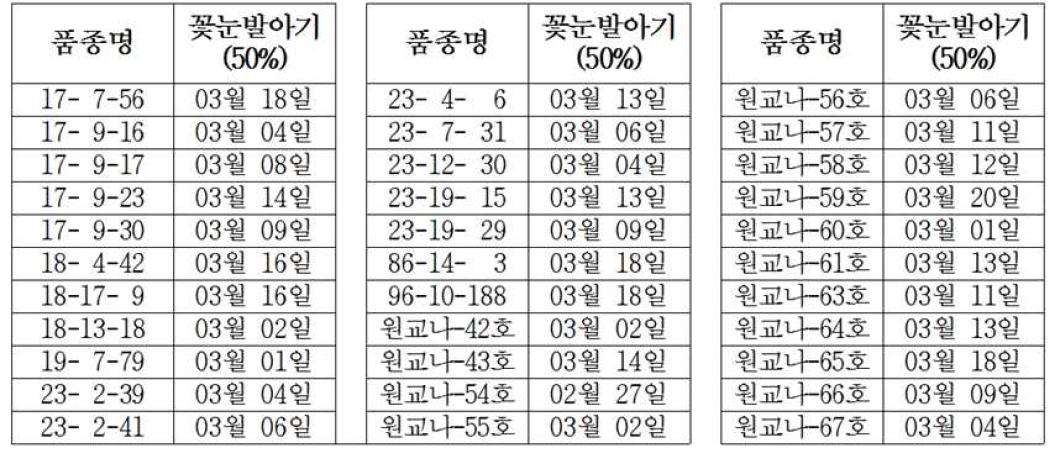 주요 우량계통들의 발아기 조사