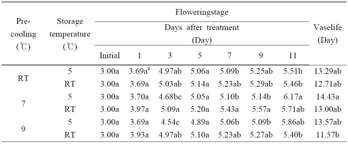 고온기 수확에 따른 예냉 및 저장조건이 절화 국화 ‘핑크프라이드’의 개화단계에 미치는 영향