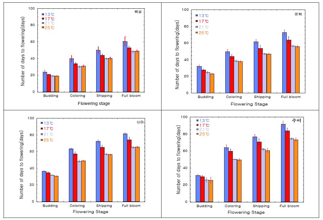 화아분화 유기 이후의 야간기온에 따른 품종별 개화소요일수