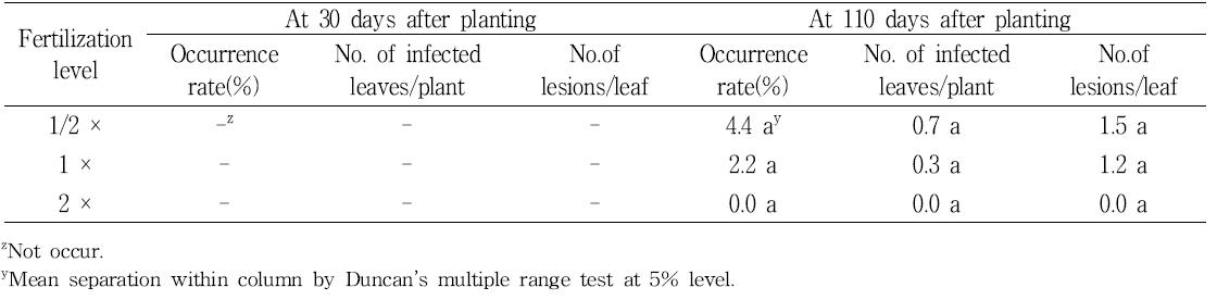 Incidence of white rust by fertilization level in spray chrysanthemum ‘Lemon ND’.