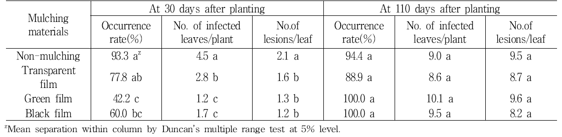 Incidence of white rust by mulching materials at 30 days and 110 days after planting in standard chrysanthemum ‘Baekma’.