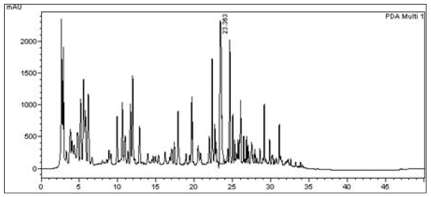 중국 감초 50 % 에탄올 추출물의 HPLC 크로마토그램 (파장 = 254nm)