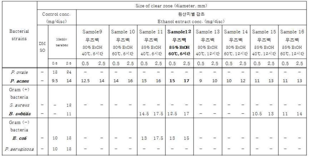 추출조건별 우즈베키스탄 감초 추출물의 clear zone 측정