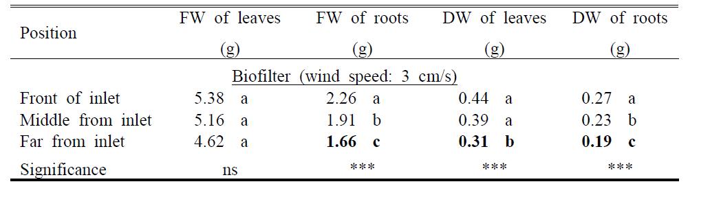 Weights of Lactuca sativa seedlings as influenced by positional effect in growing medium (Hanpanseung:sawdust=3:1) within bio-filter