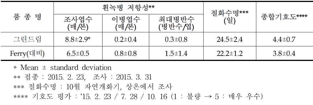 ‘그린드림’ 흰녹병 저항성, 절화수명, 기호성