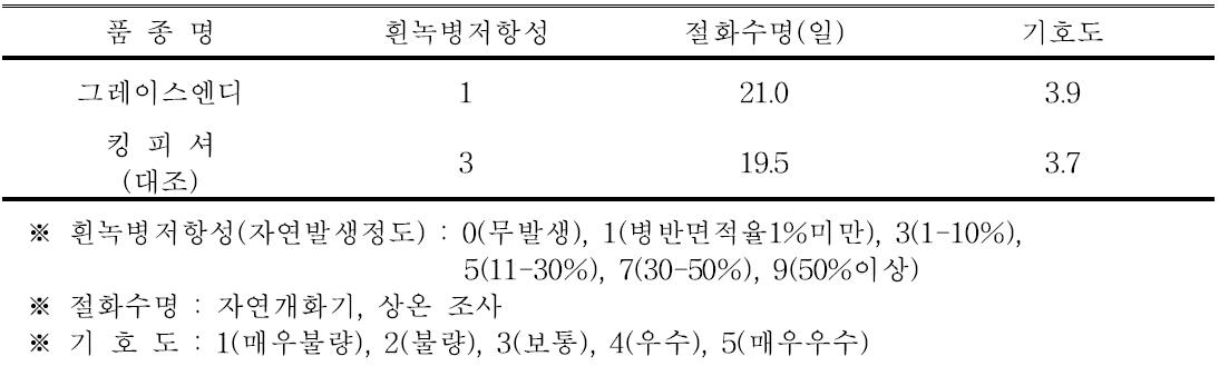 ‘그레이스엔디’ 품종의 흰녹병 저항성, 절화수명 및 기호도