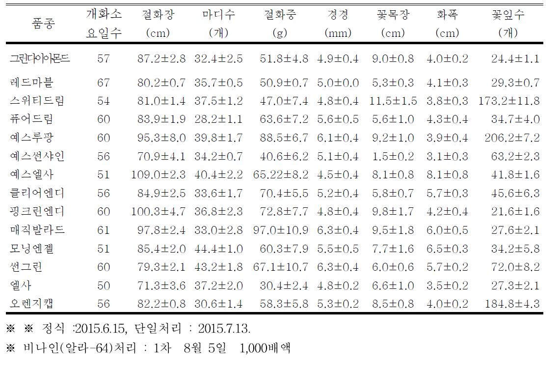 2014년도 육성 스프레이국화 신품종 시범재배 생육특성