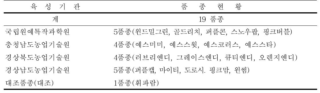 육성기관별 시범재배 스프레이국 품종 현황