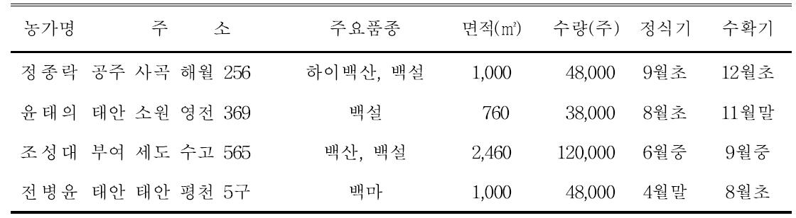 농가별 스탠다드국 시범재배 현황