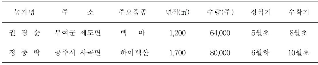 농가별 스탠다드국 시범재배 현황