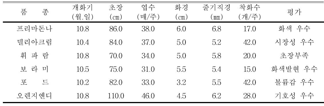 2012년 스프레이국화 생육 및 개화특성(예산 서용일농가)