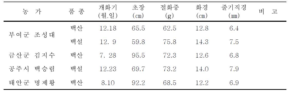 2013년 스탠다드국 국산품종 생육 및 개화특성