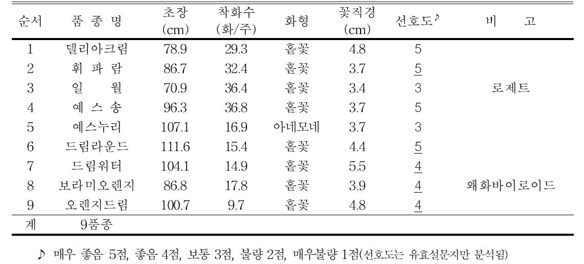 2014년 스프레이국화 생육 및 개화특성(서천 김성열농가)