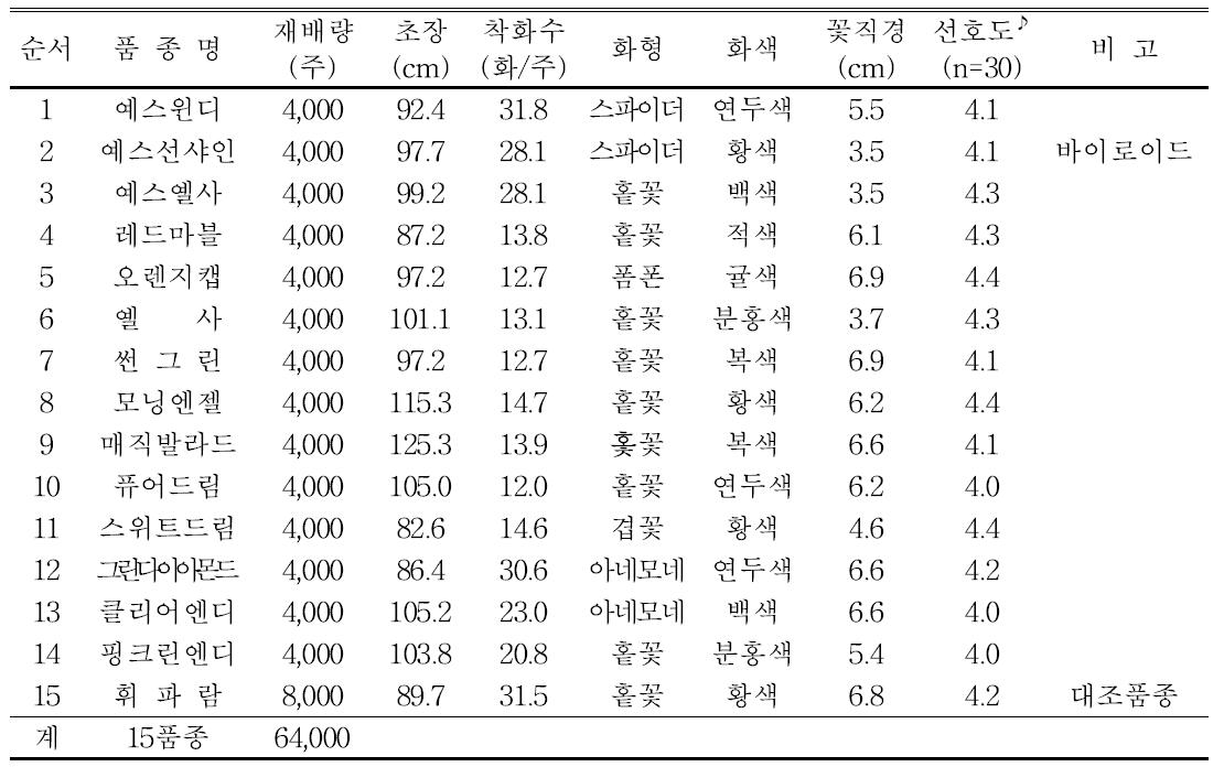 2015년 스프레이국화 생육 및 개화특성(충남 예산 신만영농가)