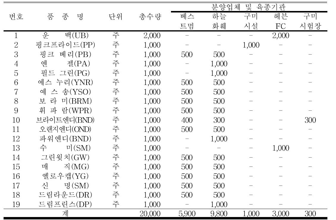 2013년 국화조직배양묘 보급 결과