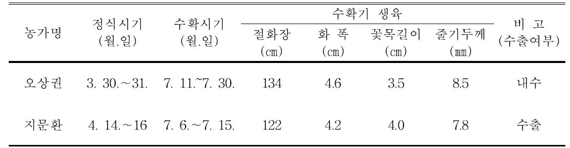 농가별 절화생산시기 및 품질 (1차)