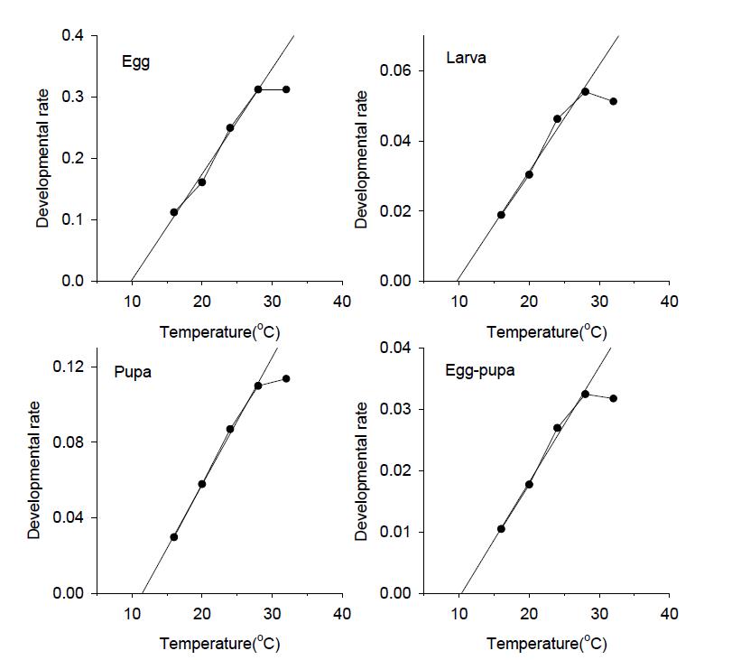 멸강나방 발육단계별 온도별 발육율 변화와 선형회귀