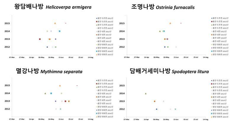 왕담배나방, 조명나방, 멸강나방, 담배거세미나방의 지역별, 연도별 초발생 패턴