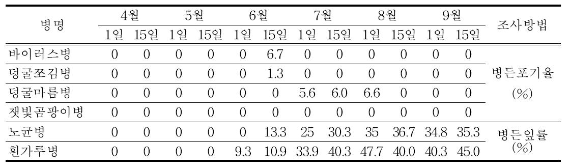 홍천지역 오이 병해 발생상황(2014년)