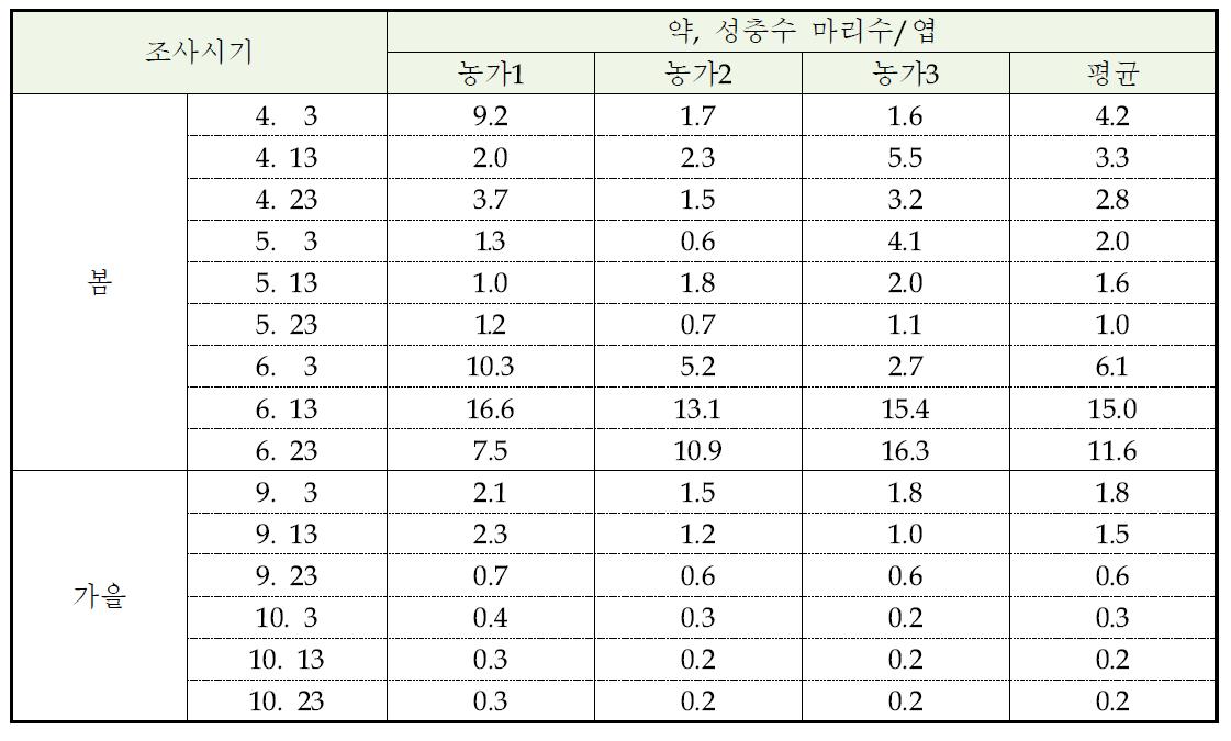 2015년도 장미 재배포장의 점박이응애 시기별 발생량(태안)