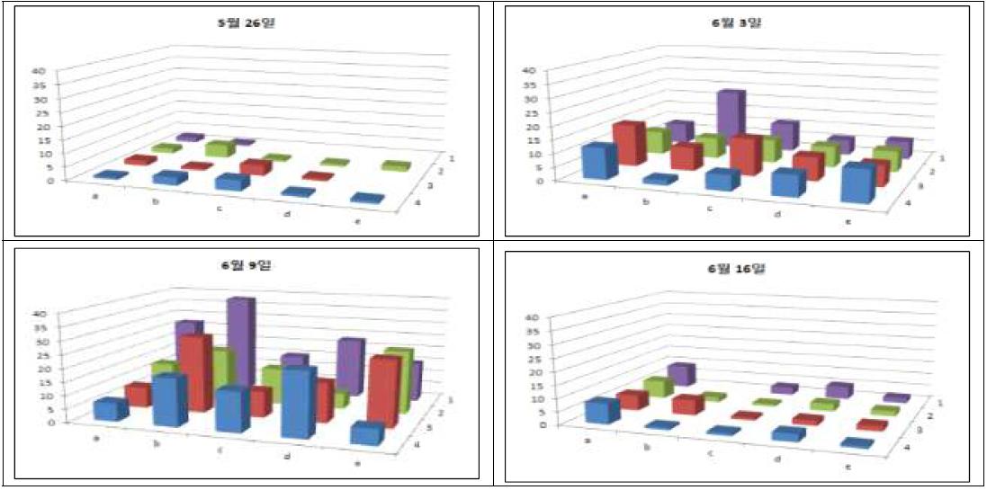 포장 구역별 배추좀나방 유충 발생조사