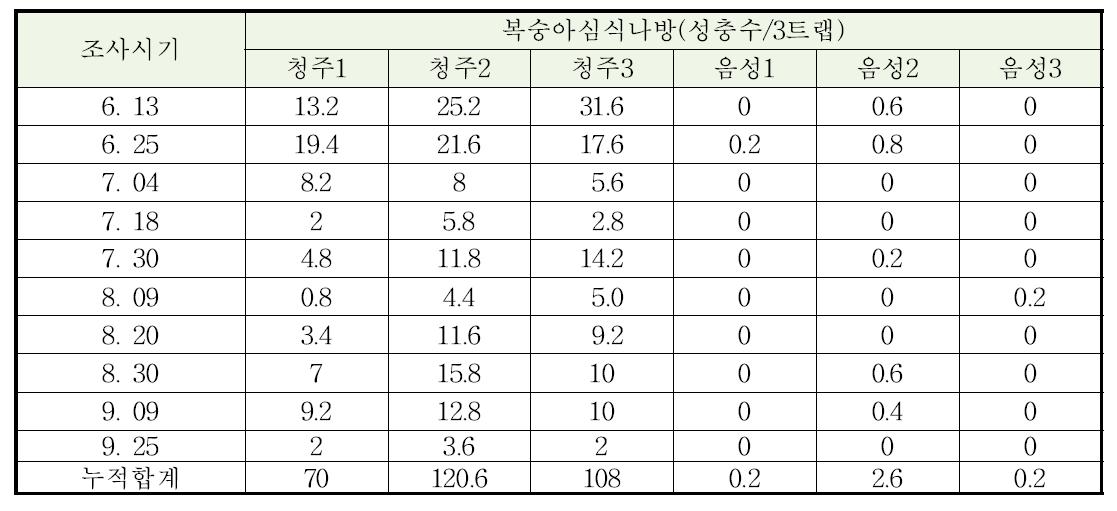 복숭아과원내 복숭아심식나방 시기별 발생량 (2013)