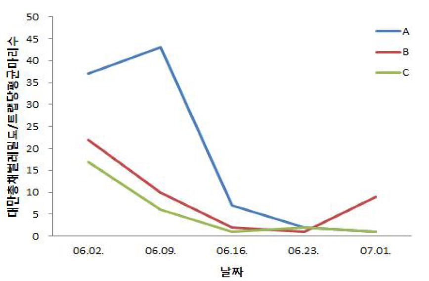 청색끈끈이트랩에 유살된 국화 대만총채벌레 평균마리수(2014)