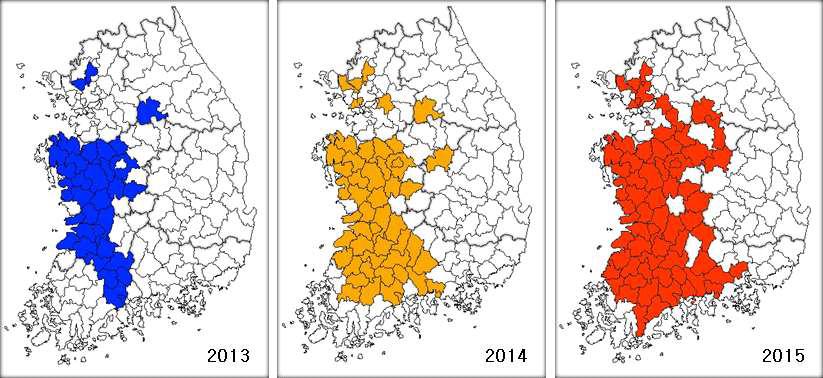 갈색날개매미충의 분포확산(2013∼2015)