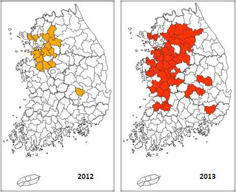 해바라기방패벌레의 분포지역(2012-2013)