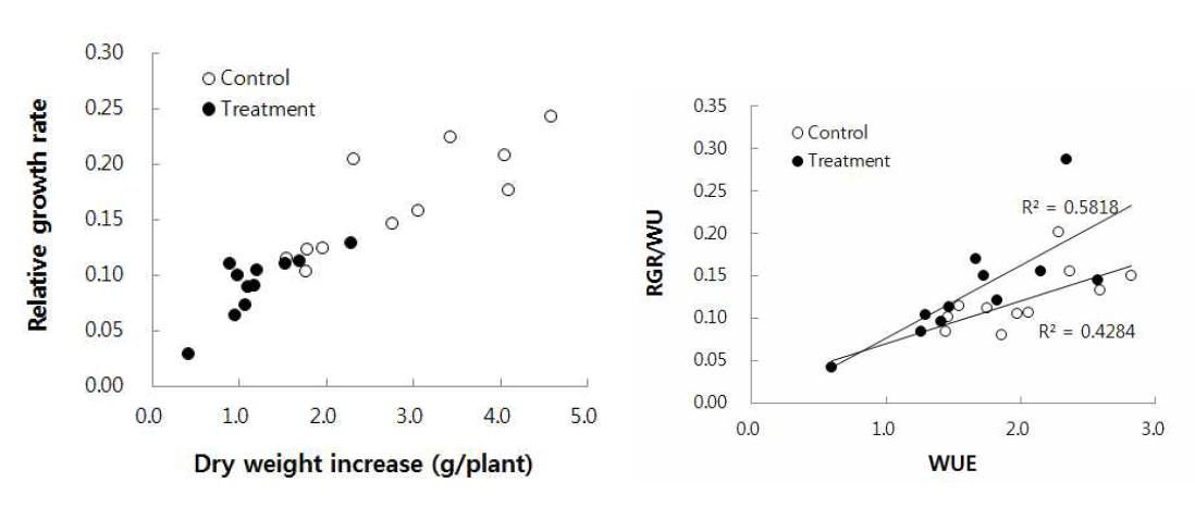 건물중의 증가량과 상대생장율의 변화(좌)와 수분이용효율(WUE)과 단위 수분이용에 대한 상대생장율 (RGR/WU)의 관계