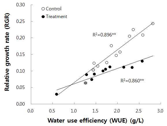콩의 물 이용효율과 상대생장율과의 상관 관계