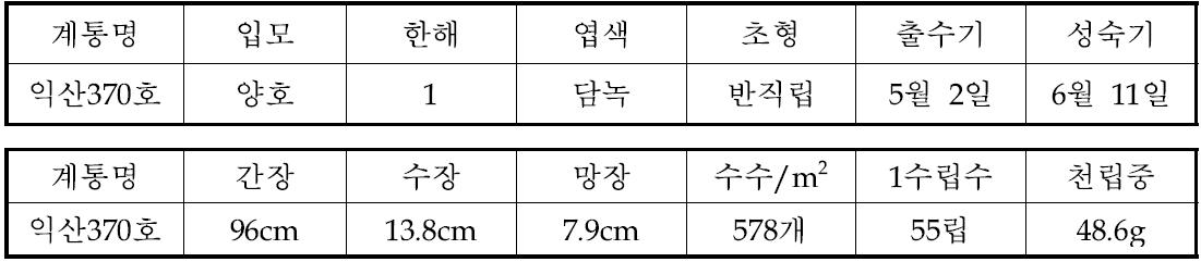 Giant head 익산370호 기본식물의 주요 농업적 특성