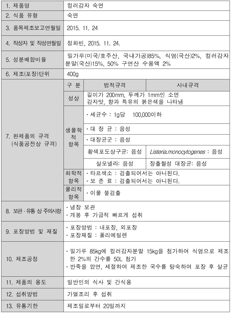 컬러감자 분말을 이용하여 제조한 숙면의 제품규격