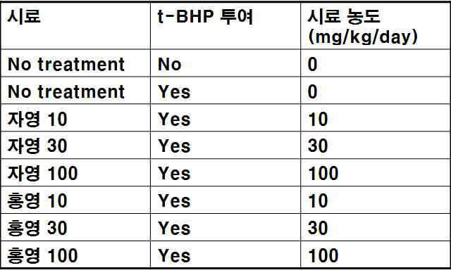 홍영, 자영 안토시아님 분획물의 생체 내 모델 실험 식이섭취 디자인