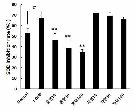 t-BHP 처리 동물모델에서 홍영, 자영 안토시아닌 분획물의 SOD 분석