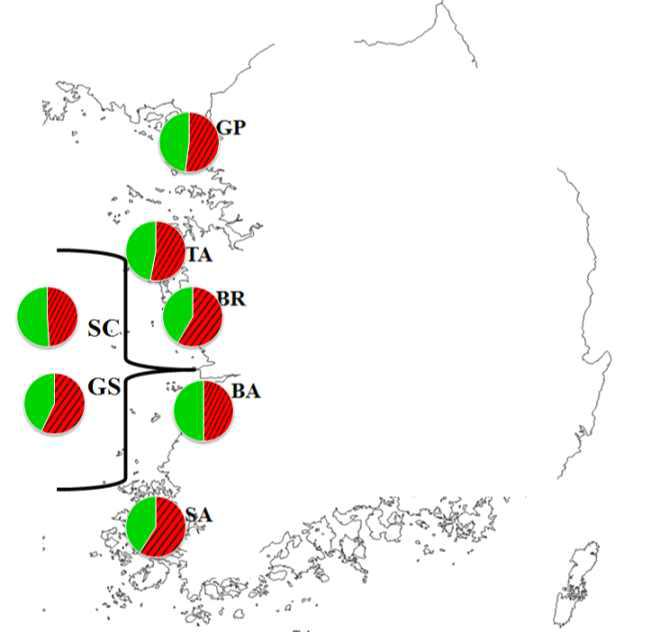 파이 차트로 나타낸 2014년 5월 국내 서해안 7개 개체군의 유전적 구조