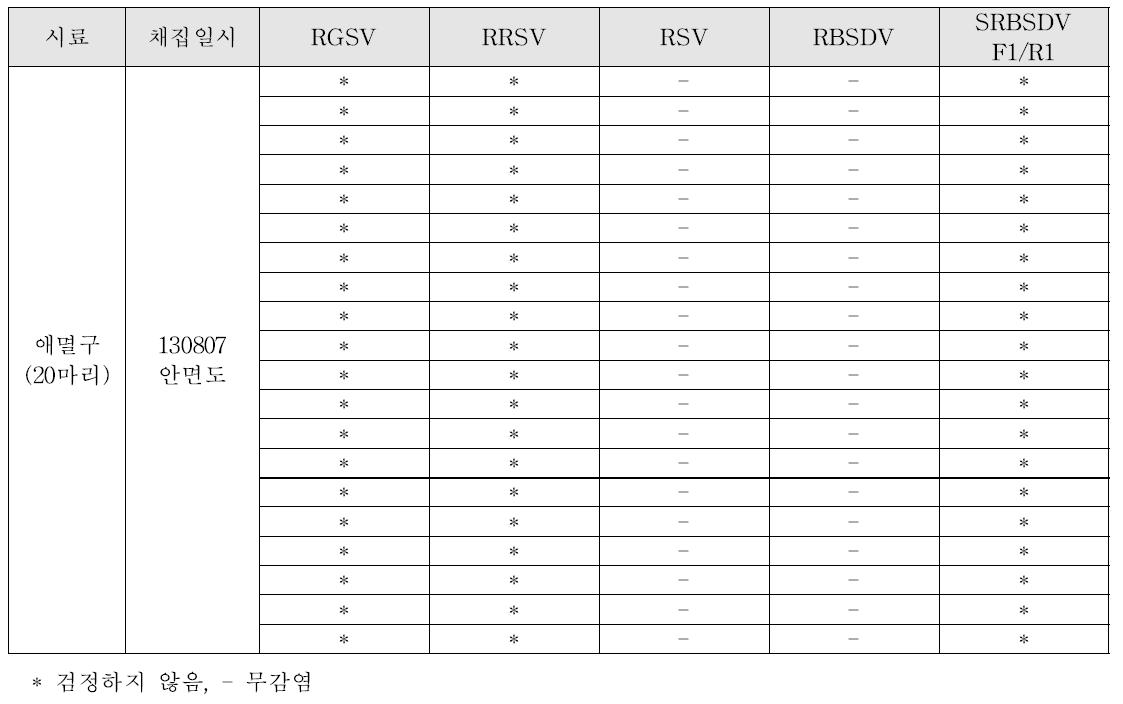 공중포충망 채집 애멸구의 바이러스 검정 결과(2013년, 안면도)