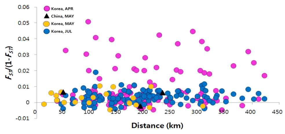 2014년 국내서해안 및 중국의 애멸구 개체군의 지리적 거리와 유전적 거리의 상관관계(IBD)