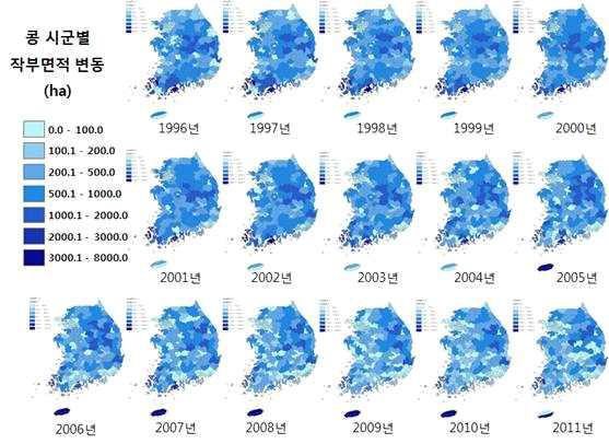 콩 시군별 작부면적의 연도별 변동지도