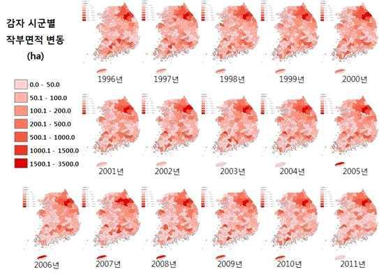 감자 시군별 작부면적의 연도별 변동지도