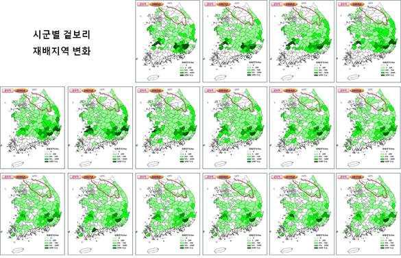 시군별 겉보리의 안전재배 한계선과 재배지역 변동지도