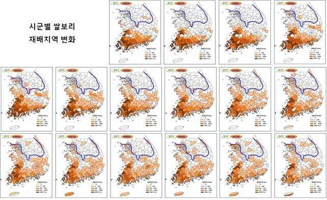 시군별 쌀보리의 안전재배 한계선과 재배지역 변동지도