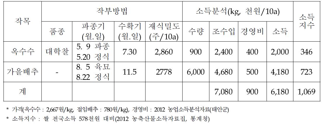 괴산군 옥수수-가을배추(곽영준, 논) 작부방법 및 소득분석