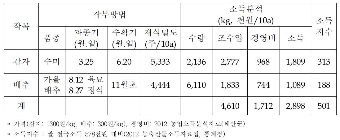 태안군 감자-배추(정동규, 밭) 작부방법 및 소득분석