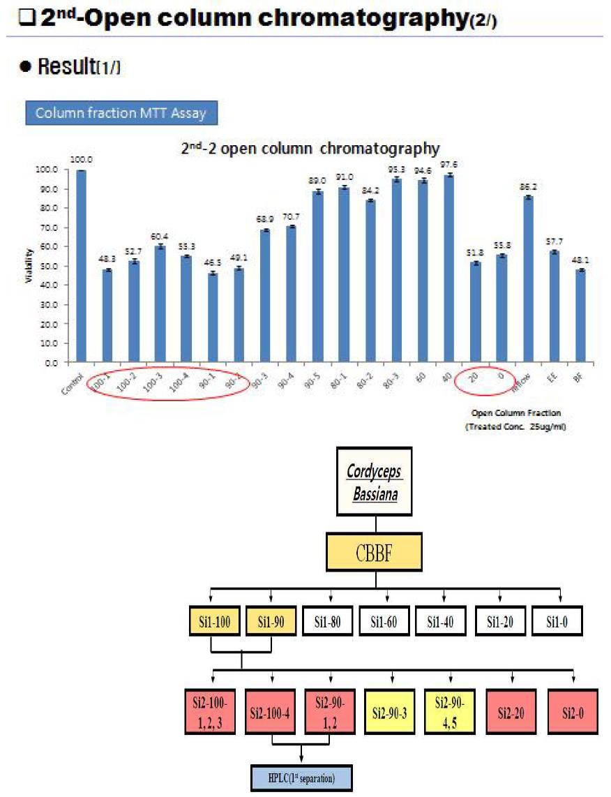 2차(2nd) Silica chromatography를 사용후 좋은 생리활성 결과를 보인, 노랑다발 동충하초 분획물(Si2-100-4 fraction, Si2-90-1 fraction 및 Si2-90-2 fraction )의 실험방법 및 HPLC 재분리 결과.